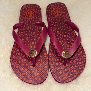 Tory Burch Burgundy and Gold Flip Flops